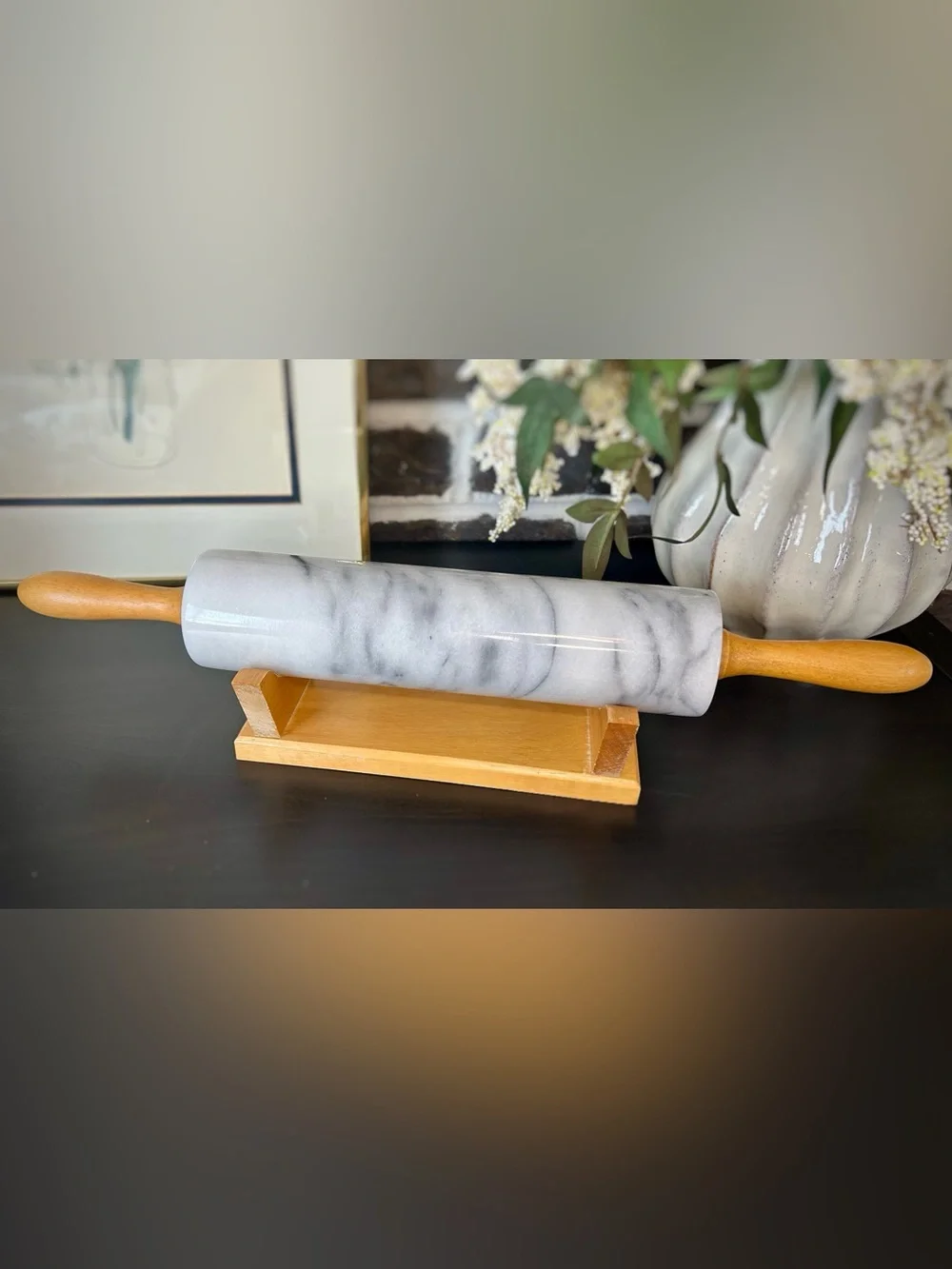 Vintage Marble Rolling Pin with Wooden Handles, Includes Stand | Heavy Pastry To